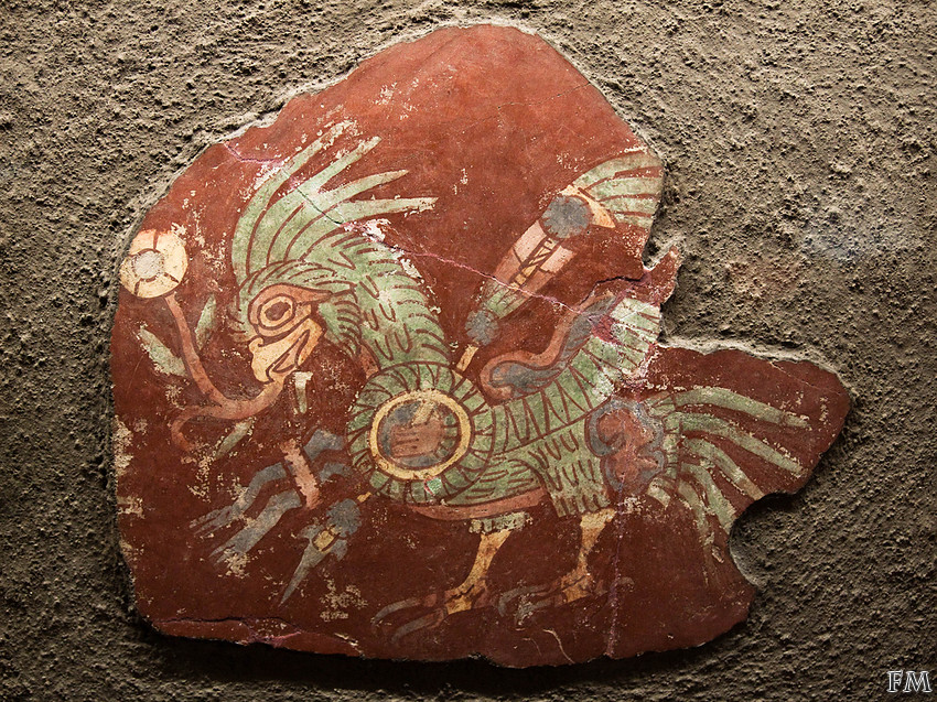 Oiseau avec bouclier, lance et fleur. Techinantitla. Teotihuacan, 350-650 apr. J.C